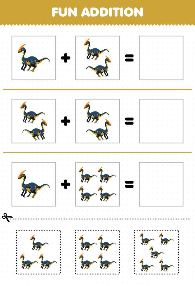 educatief spel voor kinderen leuke toevoeging door knippen en matchen schattige cartoon prehistorische dinosaurus parasaurolophus foto's werkblad vector