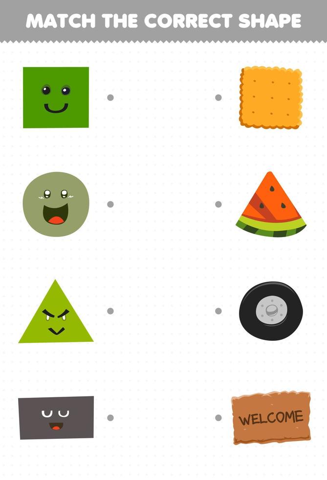 onderwijs spel voor kinderen match de juiste vorm van geometrische object vierkante biscuit cirkel band driehoek watermeloen plak rechthoek deurmat afdrukbaar werkblad vector