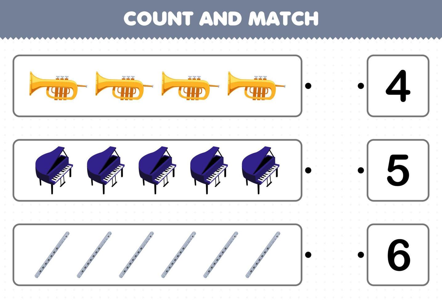 educatief spel voor kinderen tellen en matchen tel het aantal cartoon muziekinstrument trompet piano fluit en match met de juiste nummers afdrukbaar werkblad vector