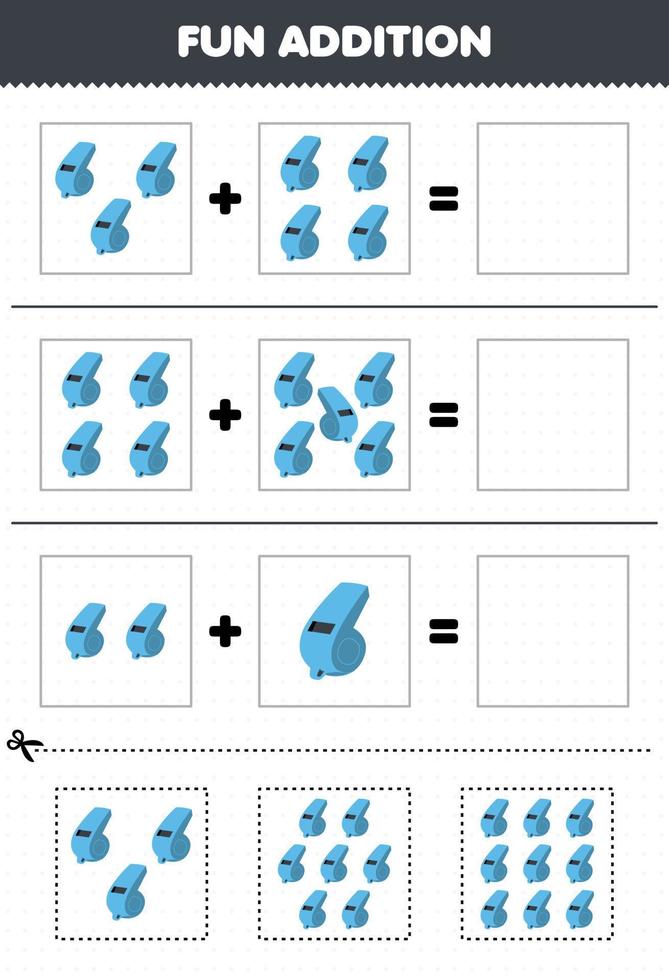 educatief spel voor kinderen leuke toevoeging door knippen en matchen cartoon muziekinstrument fluitje foto's werkblad vector