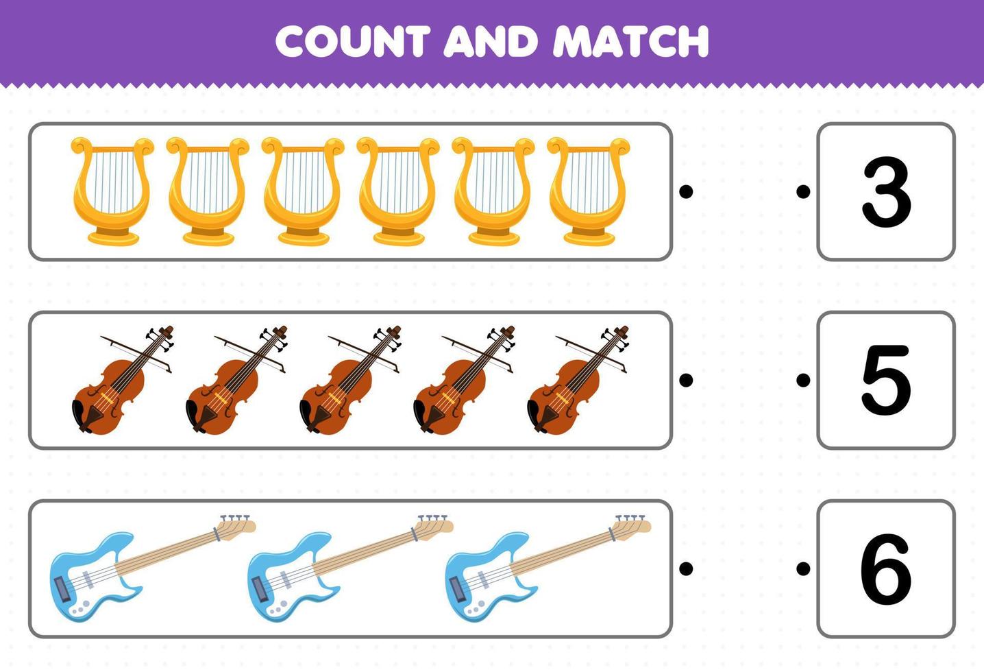 educatief spel voor kinderen tellen en matchen tel het aantal cartoon muziek instrument lier viool bas en match met de juiste nummers afdrukbaar werkblad vector