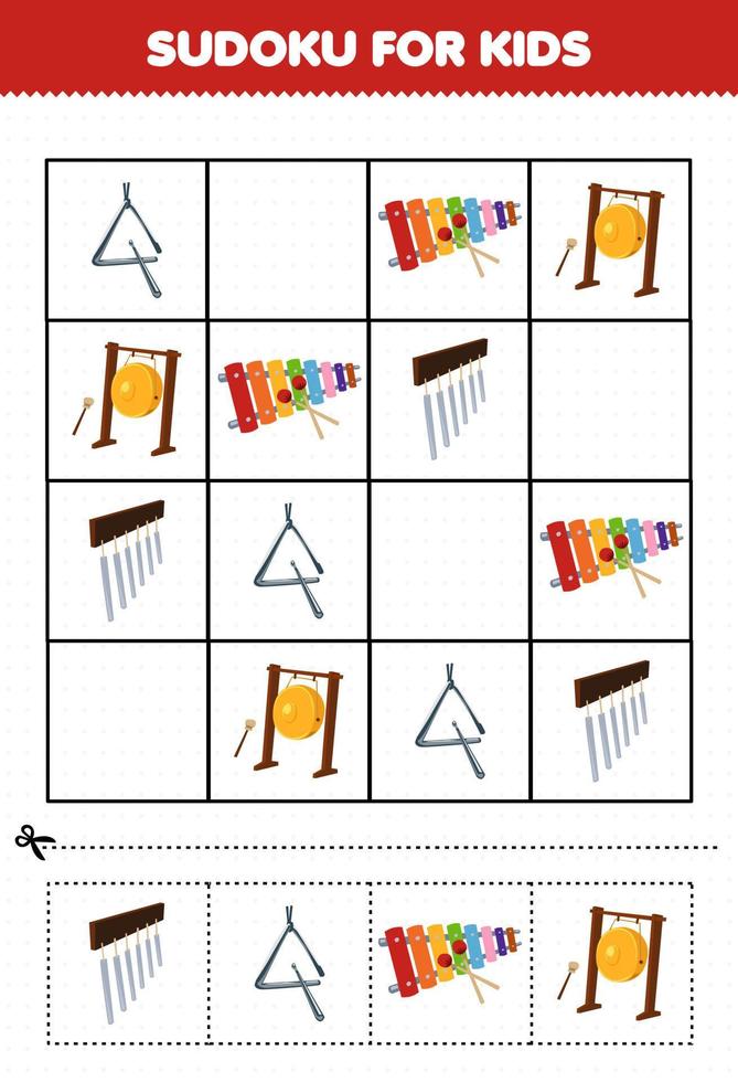 onderwijs spel voor kinderen sudoku voor kinderen met cartoon muziek instrument driehoek xylofoon gong klokkenspel foto afdrukbaar werkblad vector