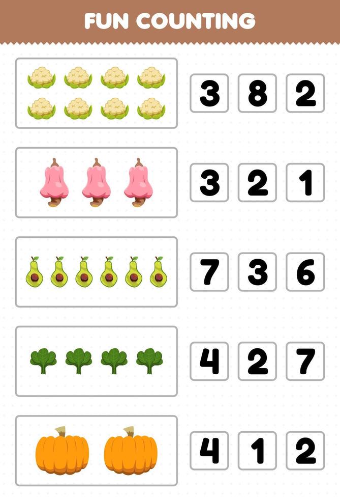 educatief spel voor kinderen leuk tellen en kiezen van het juiste aantal cartoon groenten en fruit bloemkool cashew avocado spinazie pompoen afdrukbaar werkblad vector