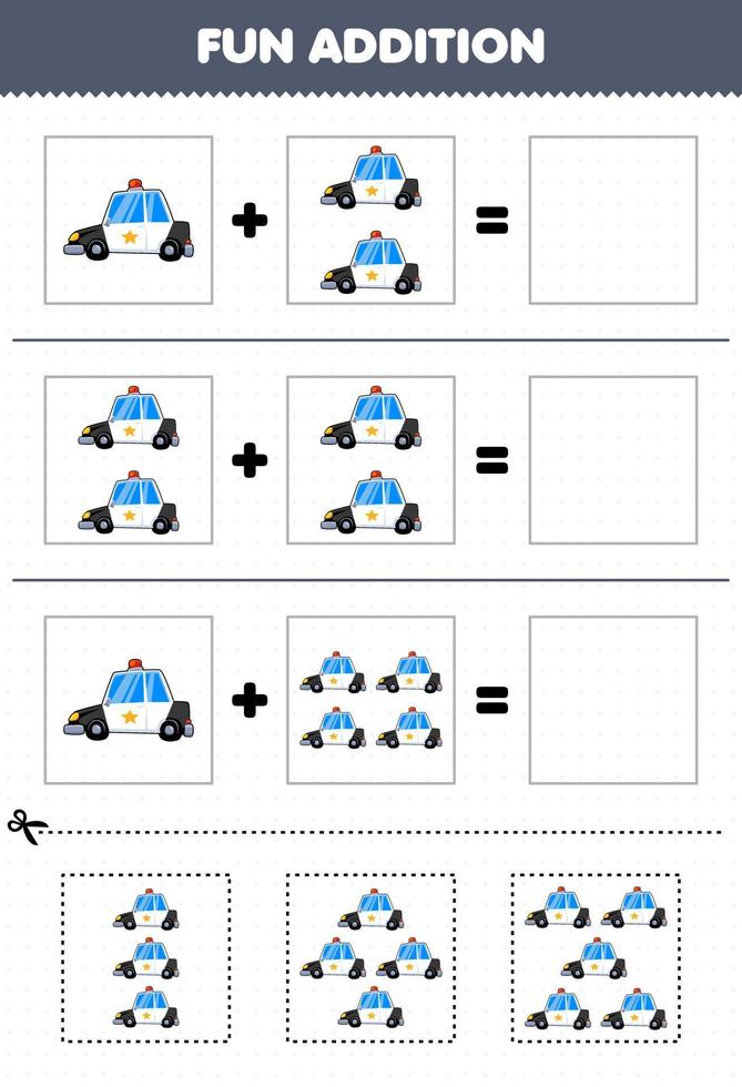 educatief spel voor kinderen leuke toevoeging door knippen en matchen schattige cartoon transport politie auto foto's werkblad vector