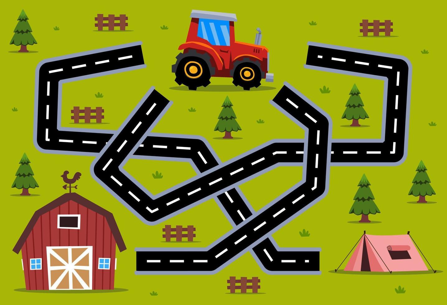 doolhof puzzelspel voor kinderen help cartoon transporttractor het juiste pad naar de schuur of tent te vinden vector