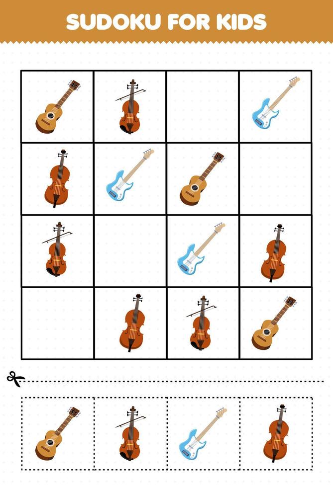 educatief spel voor kinderen sudoku voor kinderen met cartoon muziek instrument gitaar viool bas cello foto afdrukbaar werkblad vector