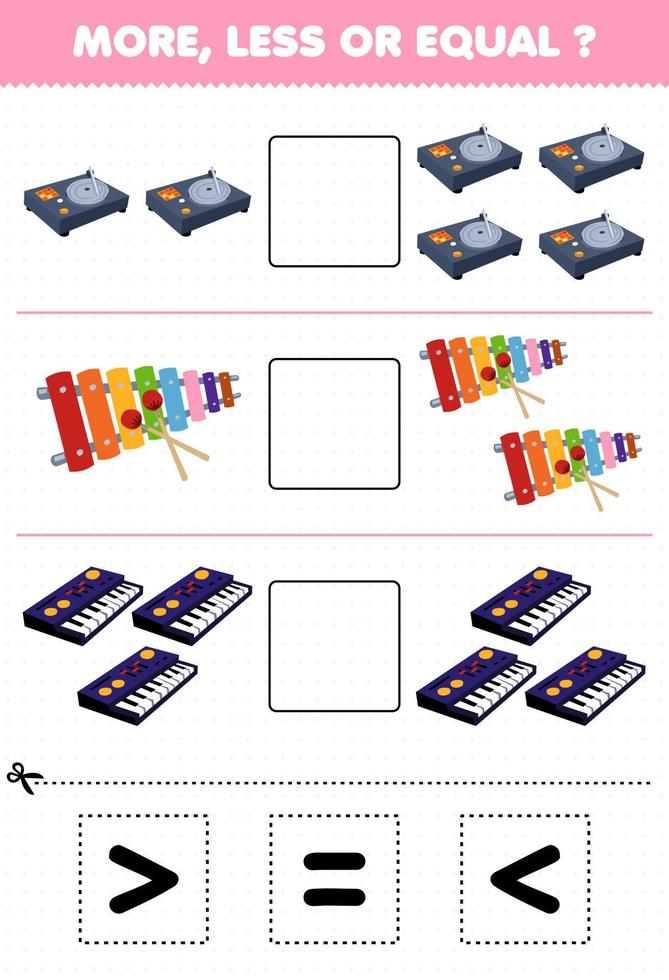 educatief spel voor kinderen min of meer gelijk tellen de hoeveelheid cartoon muziek instrument draaitafel xylofoon synthesizer dan knippen en lijmen knip het juiste teken vector