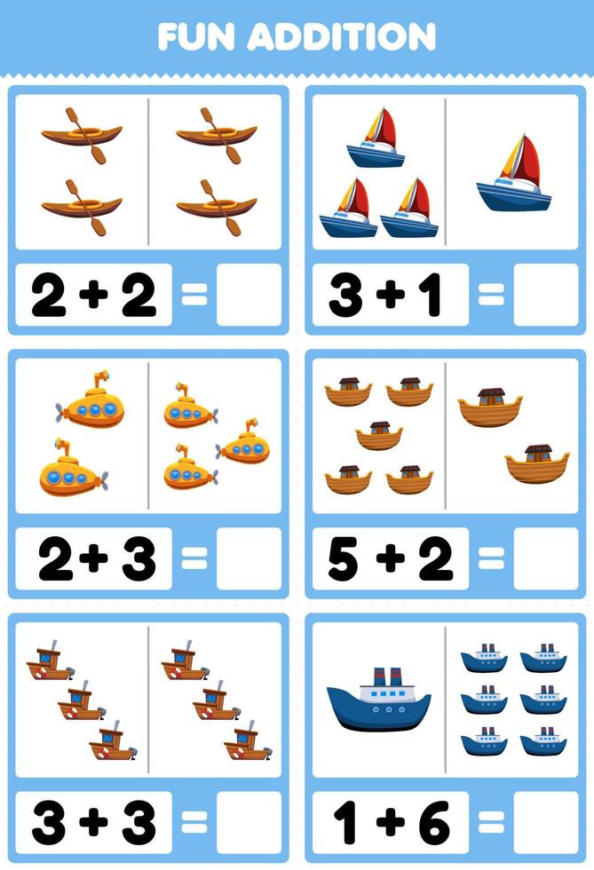 educatief spel voor kinderen leuk optellen door tellen en optellen schattig cartoon water vervoer kajak zeilboot onderzeeër ark boot veerboot foto's werkblad vector