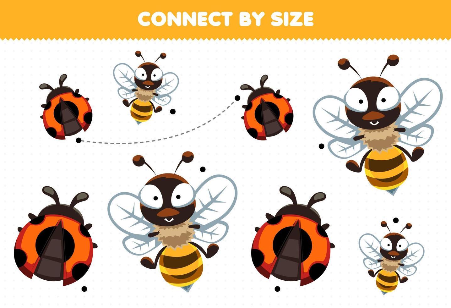 educatief spel voor kinderen, maak verbinding door de grootte van een afdrukbaar werkblad met schattige cartoondierenbij en lieveheersbeestjes vector