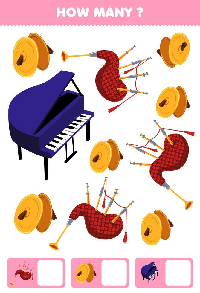 educatief spel voor kinderen zoeken en tellen hoeveel objecten cartoon muziek instrument doedelzakken bekkens piano afdrukbaar werkblad vector