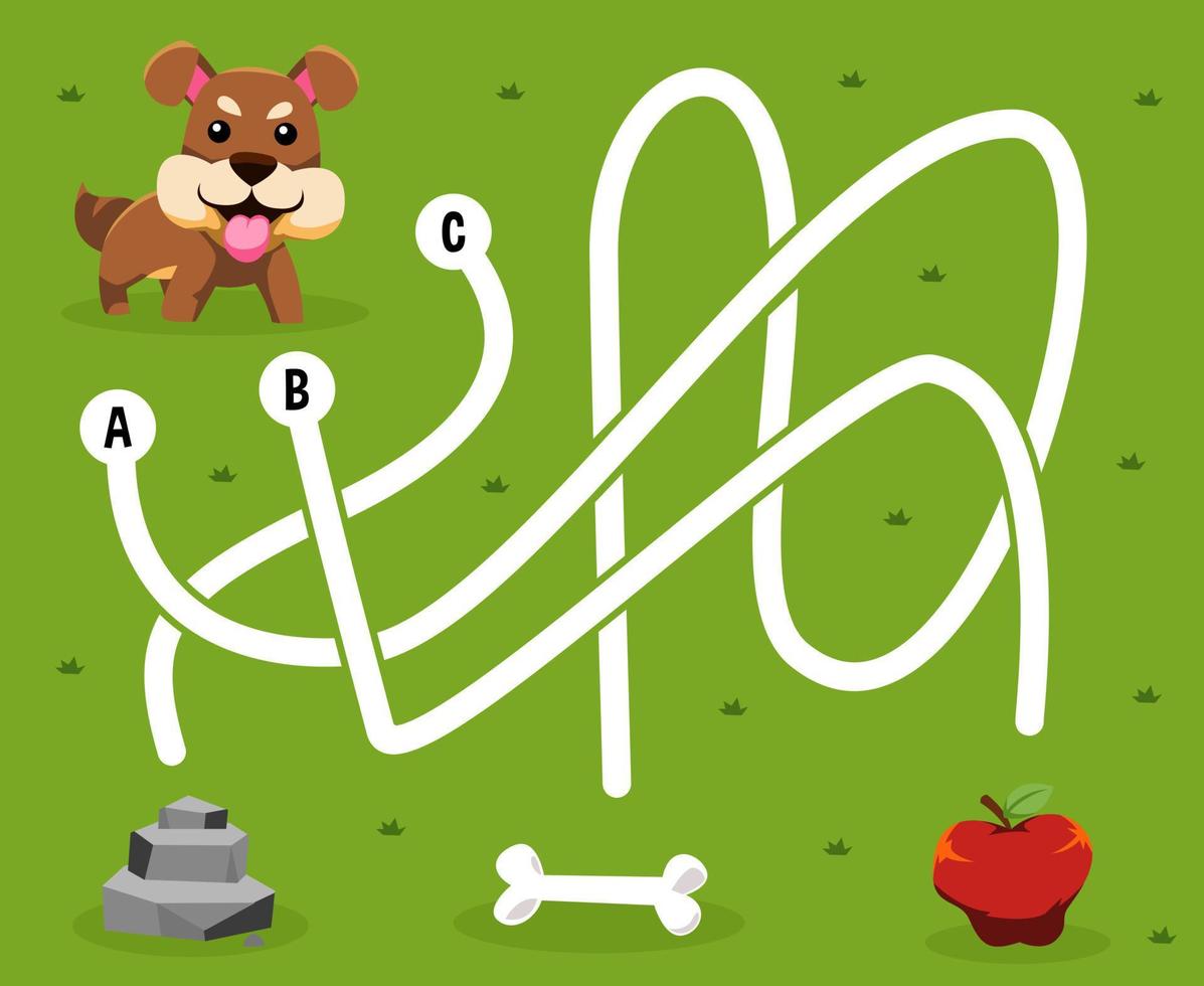doolhofpuzzelspel voor kinderen met schattige cartoondierenhond op zoek naar het juiste voedselsteenbot of appel afdrukbaar werkblad vector