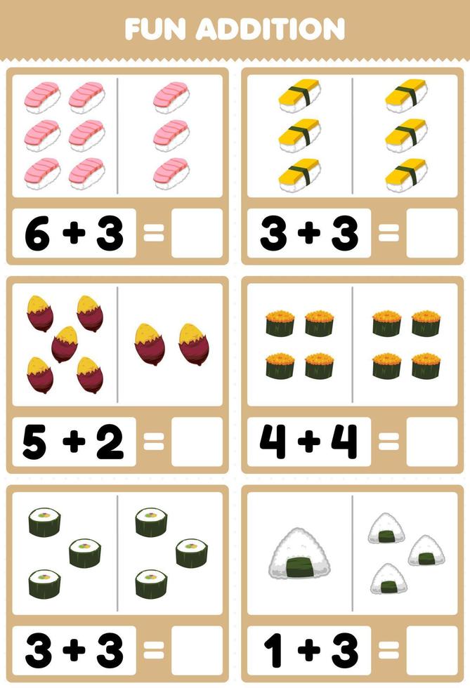 educatief spel voor kinderen leuke toevoeging door te tellen en op te tellen cartoon japans eten sushi yam foto's werkblad vector