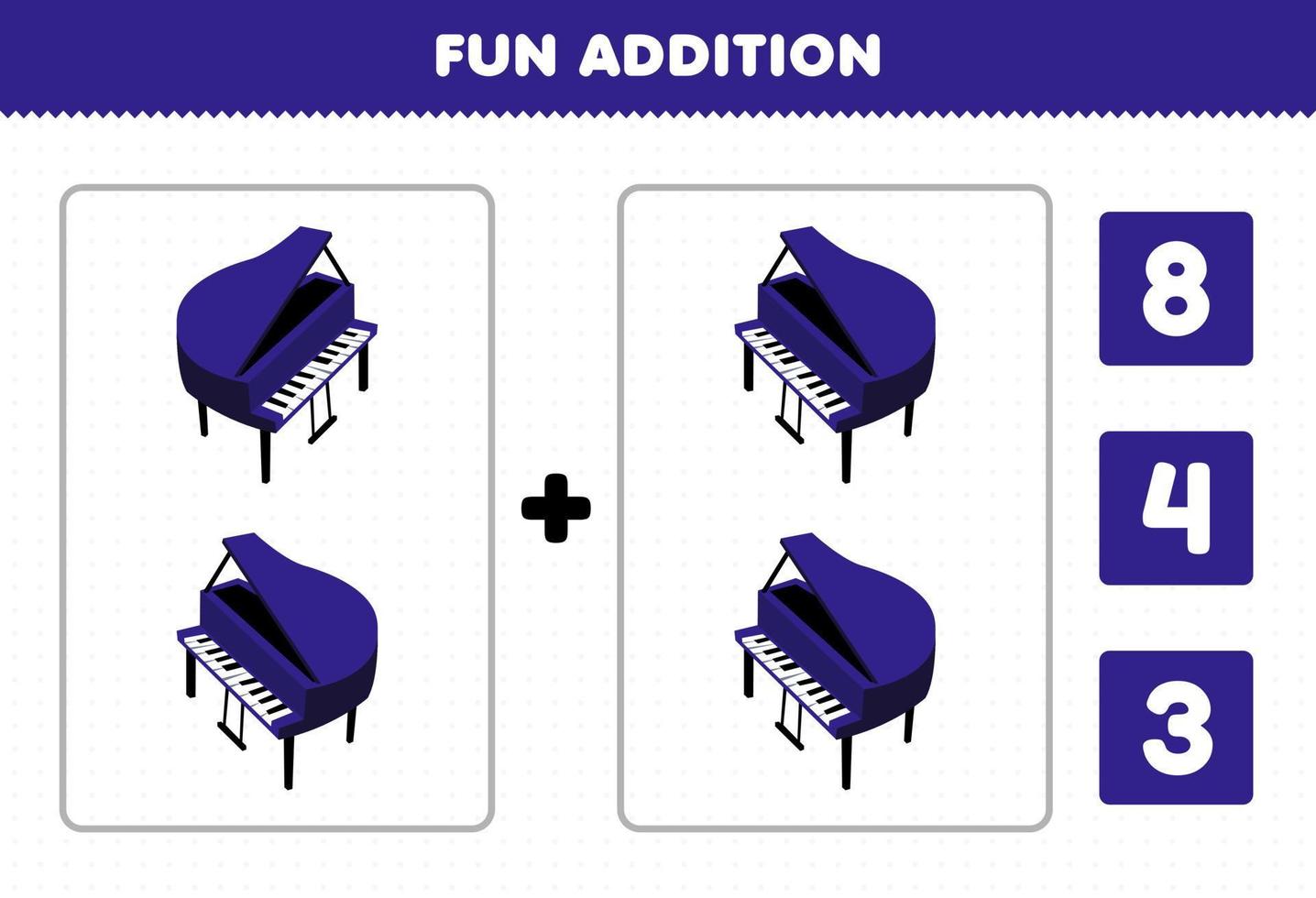 educatief spel voor kinderen leuke toevoeging door te tellen en kies het juiste antwoord van cartoon muziekinstrument piano afdrukbaar werkblad vector