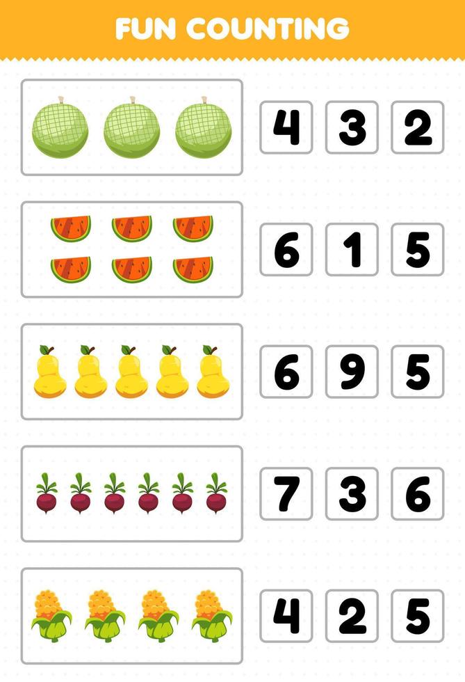 educatief spel voor kinderen leuk tellen en kiezen van het juiste aantal cartoon groenten en fruit meloen watermeloen peer bieten maïs afdrukbaar werkblad vector