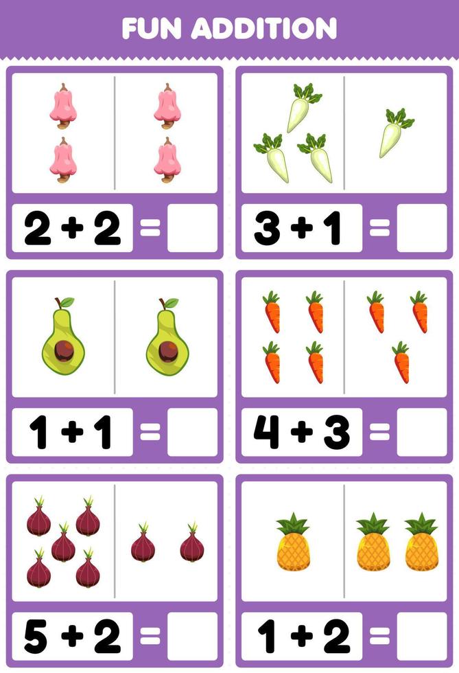 educatief spel voor kinderen leuk optellen door te tellen en op te tellen cartoon cashew radijs avocado wortel sjalot ananas foto's werkblad vector