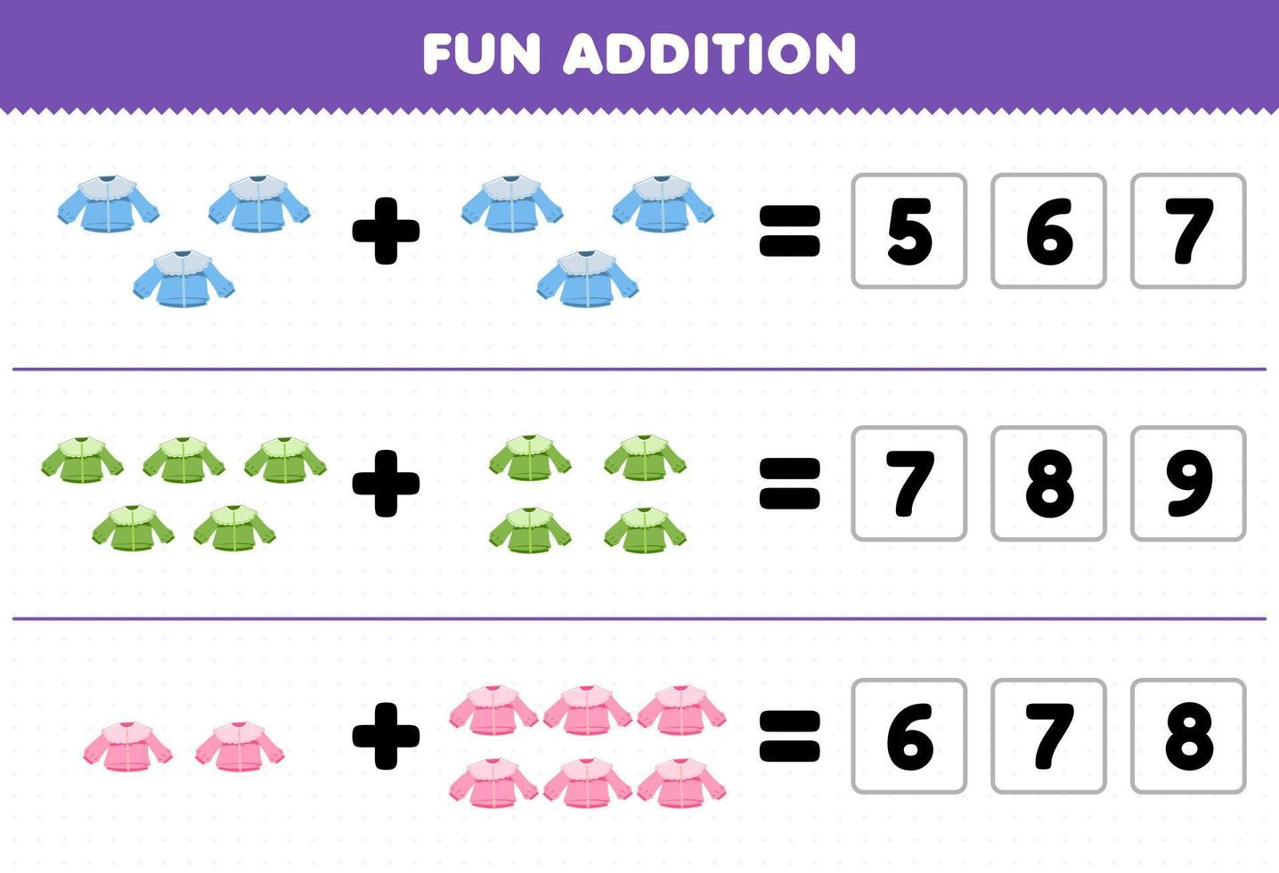 educatief spel voor kinderen leuke toevoeging door het juiste aantal draagbare kleding te raden blouse afdrukbaar werkblad vector
