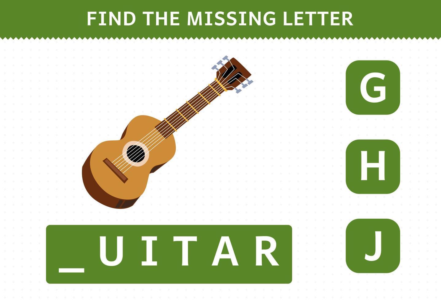 educatief spel voor kinderen zoek ontbrekende letter cartoon muziekinstrument gitaar werkblad vector
