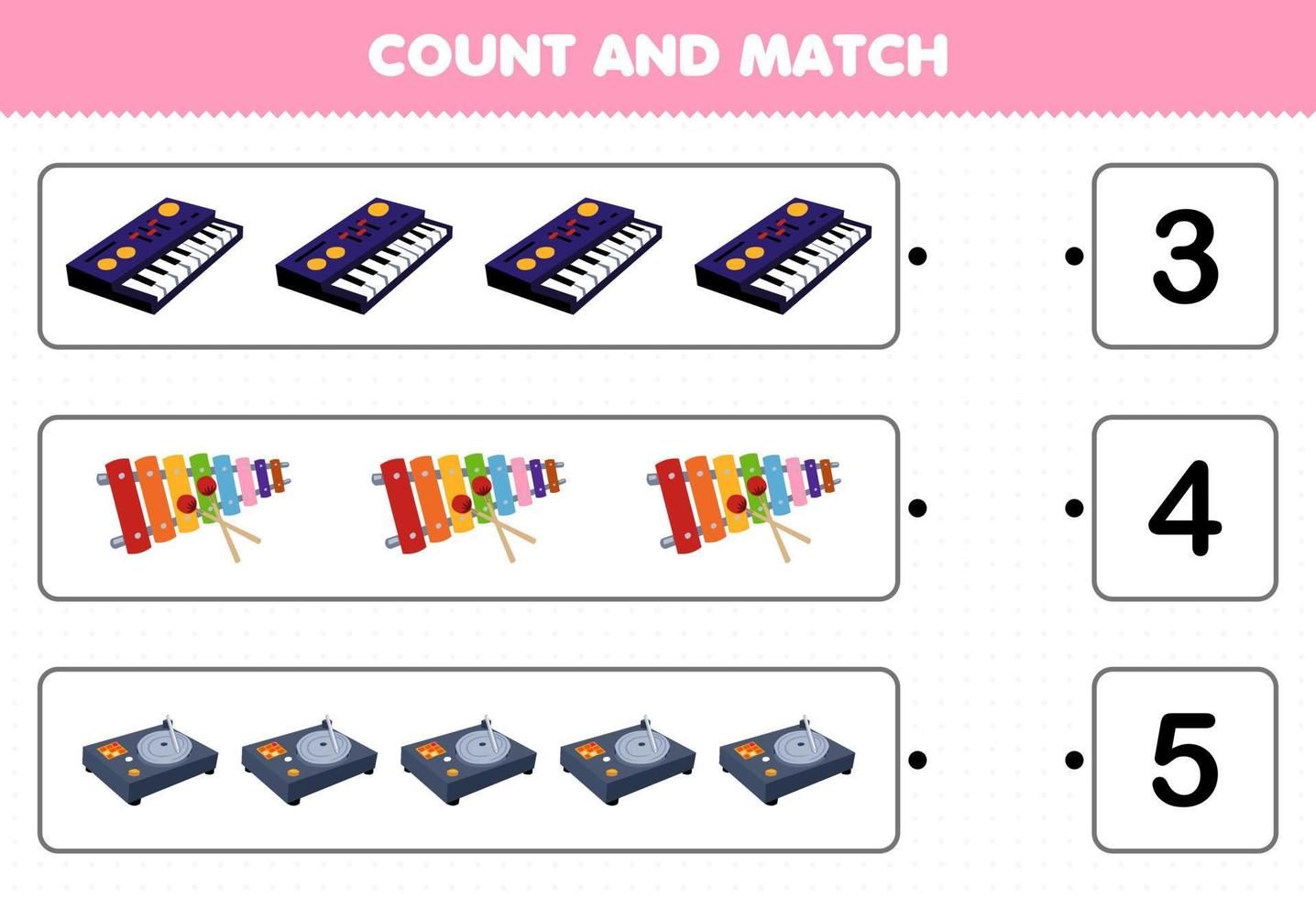 educatief spel voor kinderen tellen en matchen tel het aantal cartoon muziek instrument synthesizer xylofoon draaitafel en match met de juiste nummers afdrukbaar werkblad vector