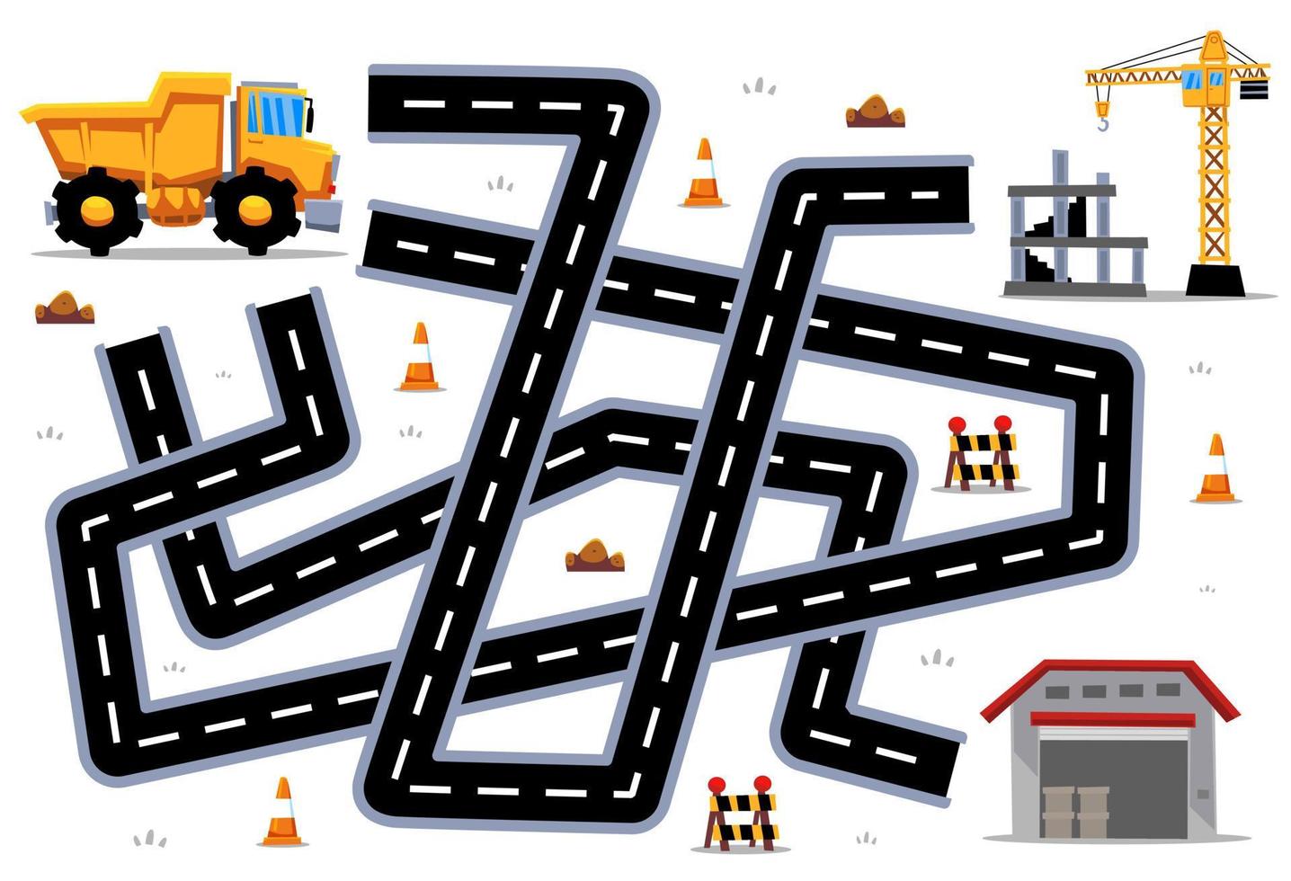 doolhof puzzelspel voor kinderen help cartoon zware machine transport dump truck het juiste pad naar de bouwplaats of het magazijn te vinden vector