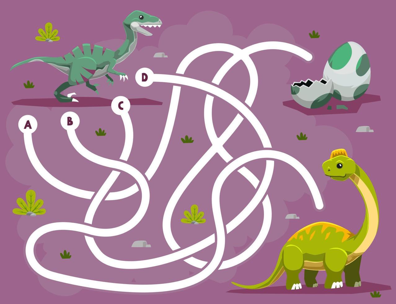 doolhof puzzelspel voor kinderen met leuke cartoon prehistorische dinosaurus velociraptor ultrasaurus en ei vector