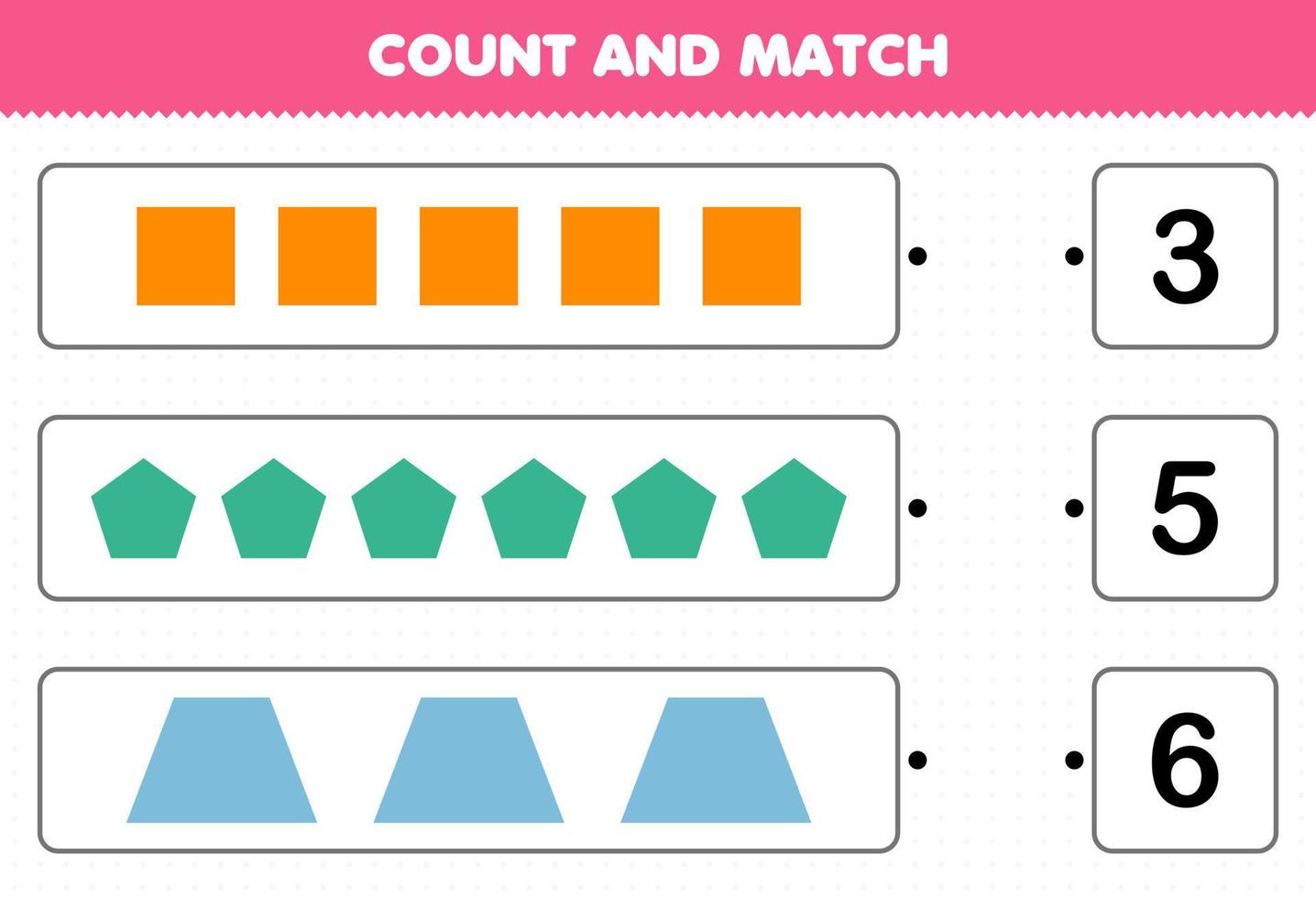 educatief spel voor kinderen tellen en matchen tel het aantal geometrische vorm vierkante vijfhoek trapezium en match met de juiste nummers afdrukbaar werkblad vector