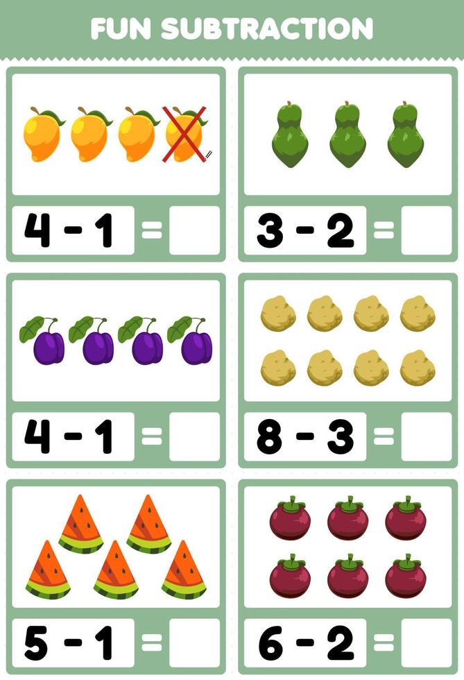 educatief spel voor kinderen leuk aftrekken door te tellen en te elimineren cartoon groenten en fruit mango papaya pruim aardappel watermeloen mangosteen werkblad vector