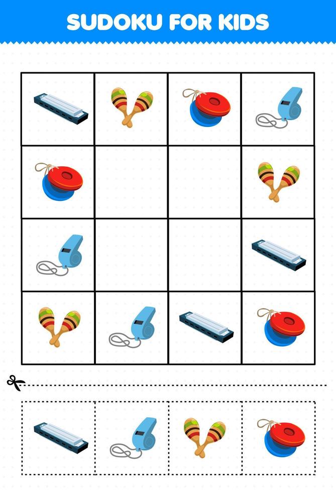 onderwijs spel voor kinderen sudoku voor kinderen met cartoon muziek instrument harmonica maracas castagnet fluitje foto afdrukbaar werkblad vector