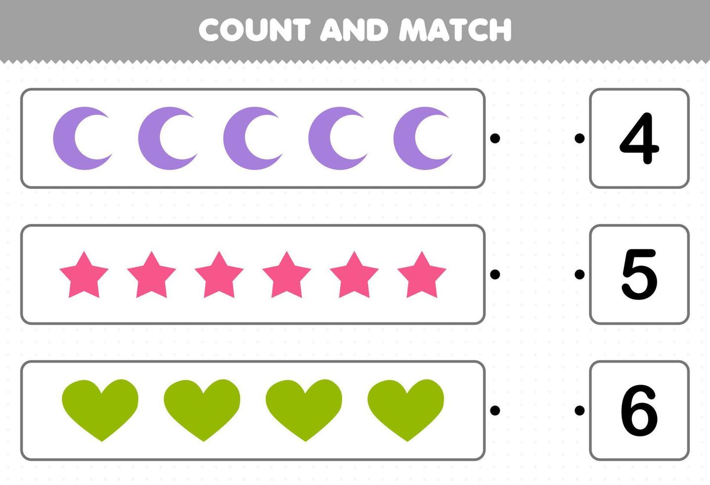 educatief spel voor kinderen tellen en matchen tel het aantal geometrische vorm halve maan ster hart en match met de juiste nummers afdrukbaar werkblad vector