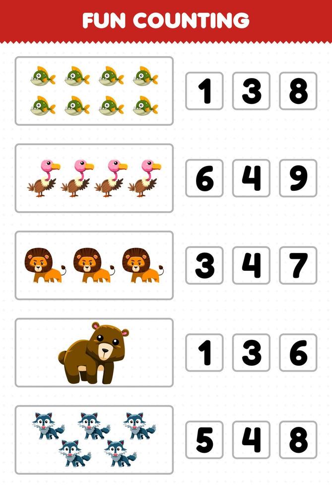 educatief spel voor kinderen leuk tellen en kiezen van het juiste aantal schattige cartoon carnivoor dier piranha gier leeuw beer wolf afdrukbaar werkblad vector