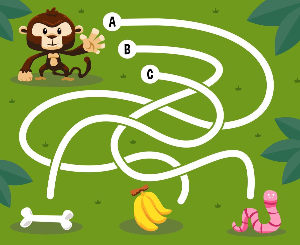 doolhof-puzzelspel voor kinderen met schattige cartoon dieren aap op zoek naar het juiste voedsel bot appel of worm afdrukbaar werkblad vector