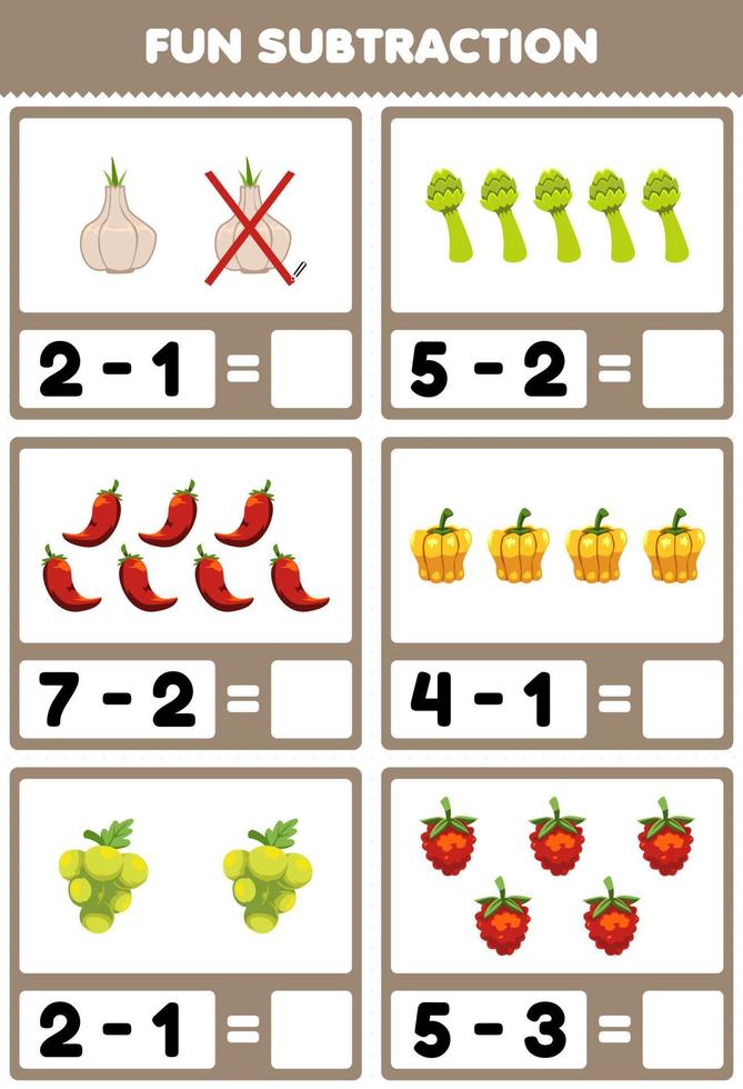 educatief spel voor kinderen leuk aftrekken door te tellen en te elimineren cartoon groenten en fruit knoflook asperges chili paprika druif framboos werkblad vector