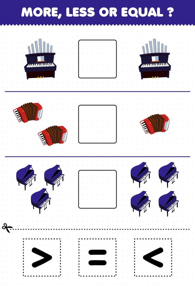 educatief spel voor kinderen min of meer gelijk tellen de hoeveelheid cartoon muziek instrument orgel accordeon piano knip en lijm knip het juiste teken; vector