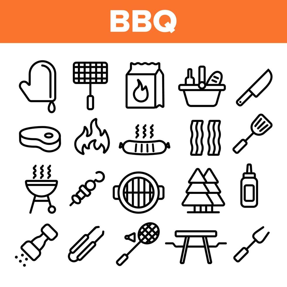 BBQ-apparatuur, tools lineaire vector iconen set