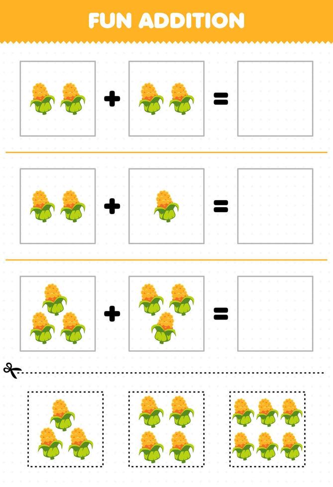 educatief spel voor kinderen leuke toevoeging door te knippen en matchen cartoon groente maïs foto's werkblad vector