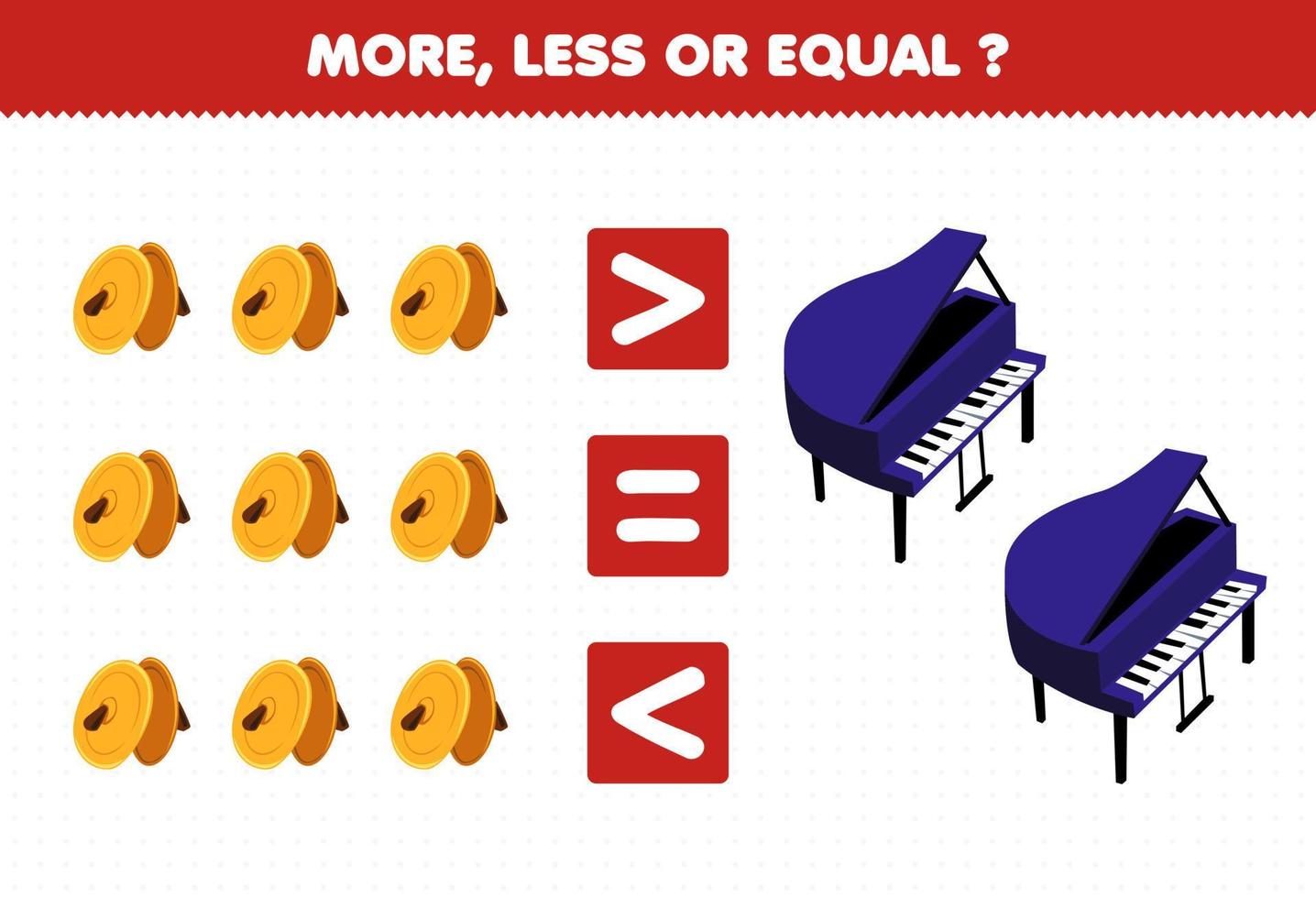 educatief spel voor kinderen min of meer gelijk aan het aantal cartoon muziekinstrument bekkens en piano afdrukbaar werkblad vector