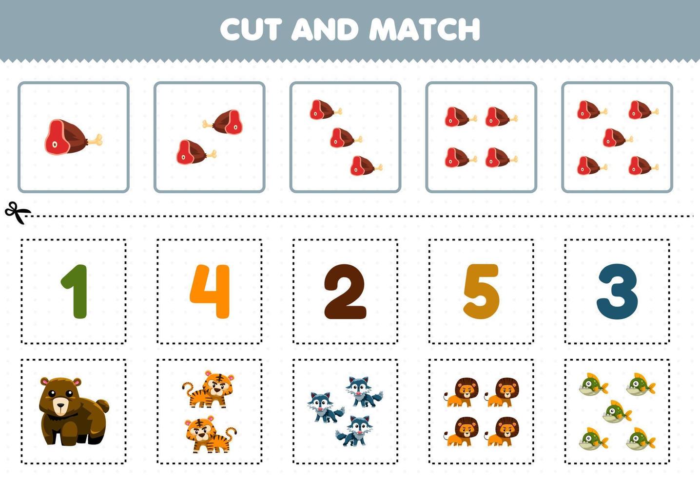educatief spel voor kinderen knip en match hetzelfde aantal schattige cartoon carnivoor dieren afdrukbare werkbladen vector