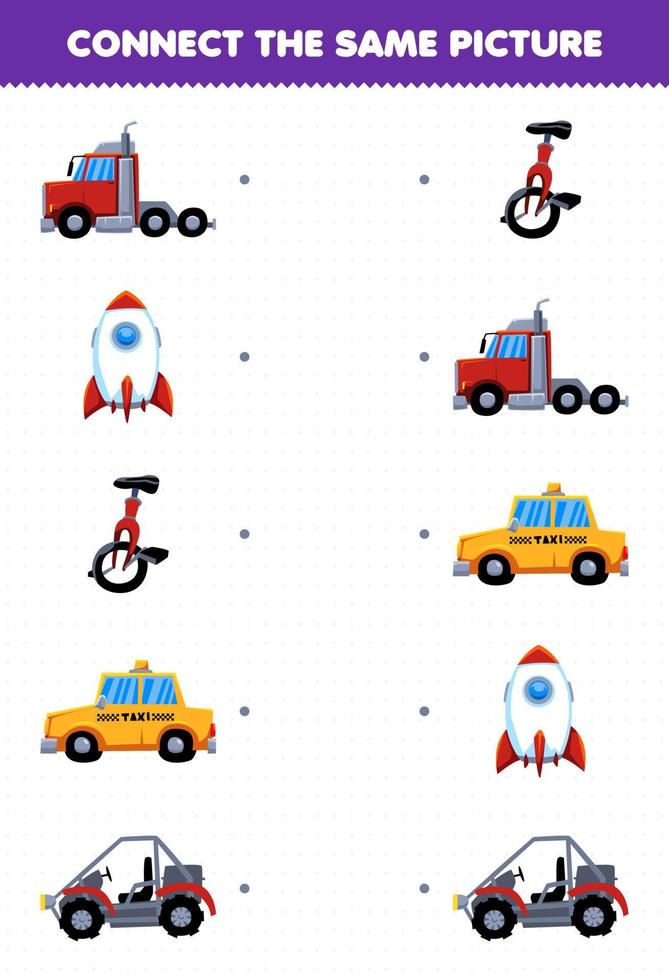 educatief spel voor kinderen sluit dezelfde foto van cartoon transport konvooi vrachtwagen raket eenwieler taxi buggy auto afdrukbaar werkblad vector