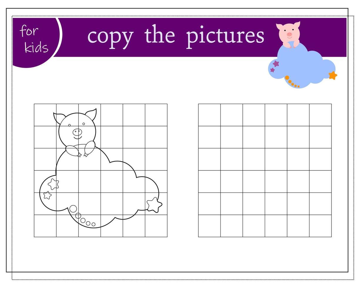 kopieer de afbeelding, educatieve spelletjes voor kinderen, tekenfilmvarken dat in de wolken slaapt. vector geïsoleerd op een witte achtergrond