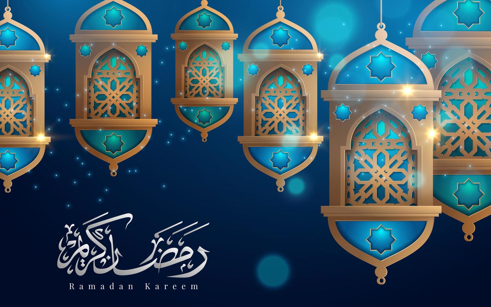 ramadan kareem hangende lantaarns op blauwe groet vector