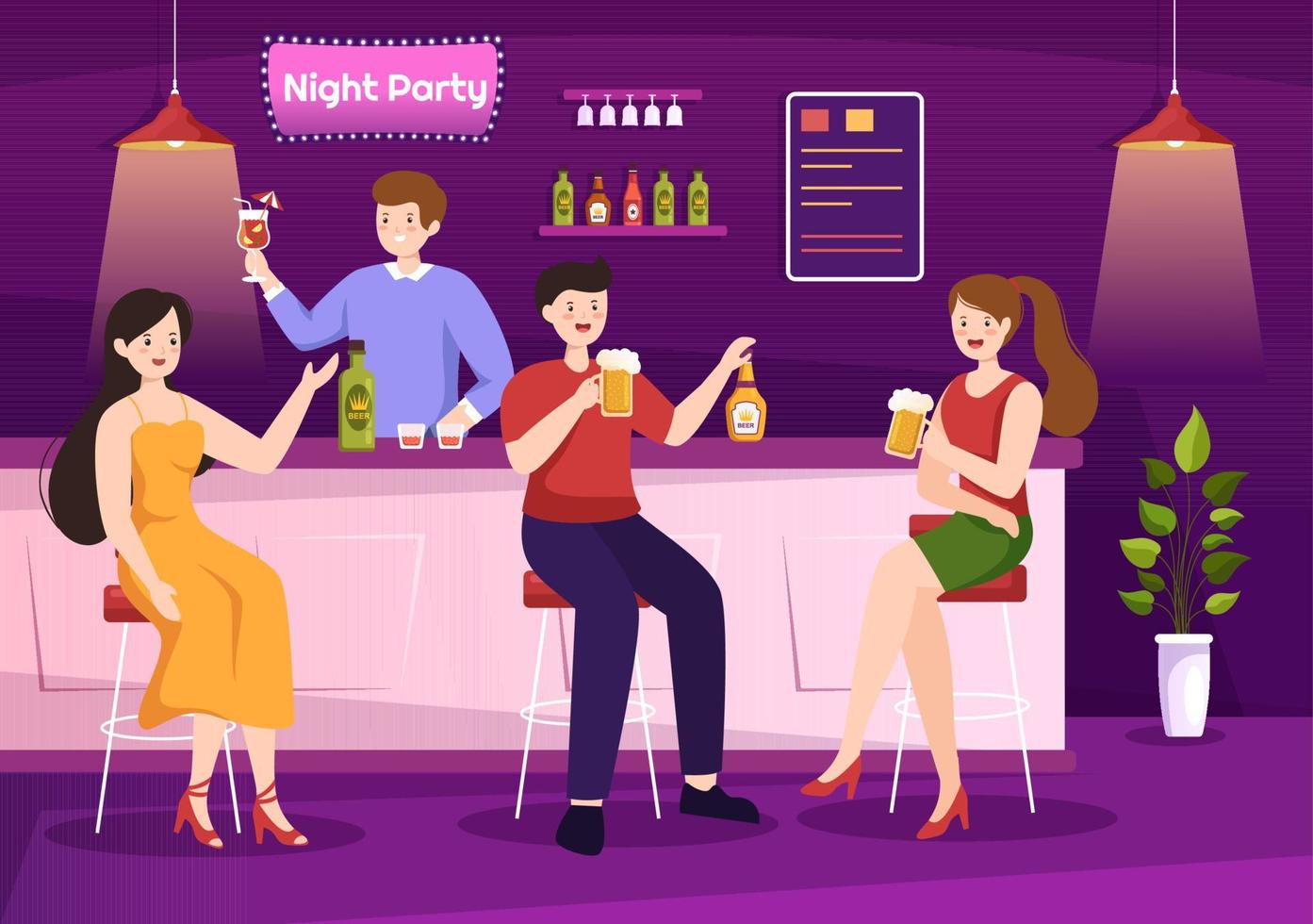nachtclub cartoon illustratie met nachtleven zoals jongeren alcohol drinken en jeugddans begeleid door dj-muziek in de schijnwerpers vector