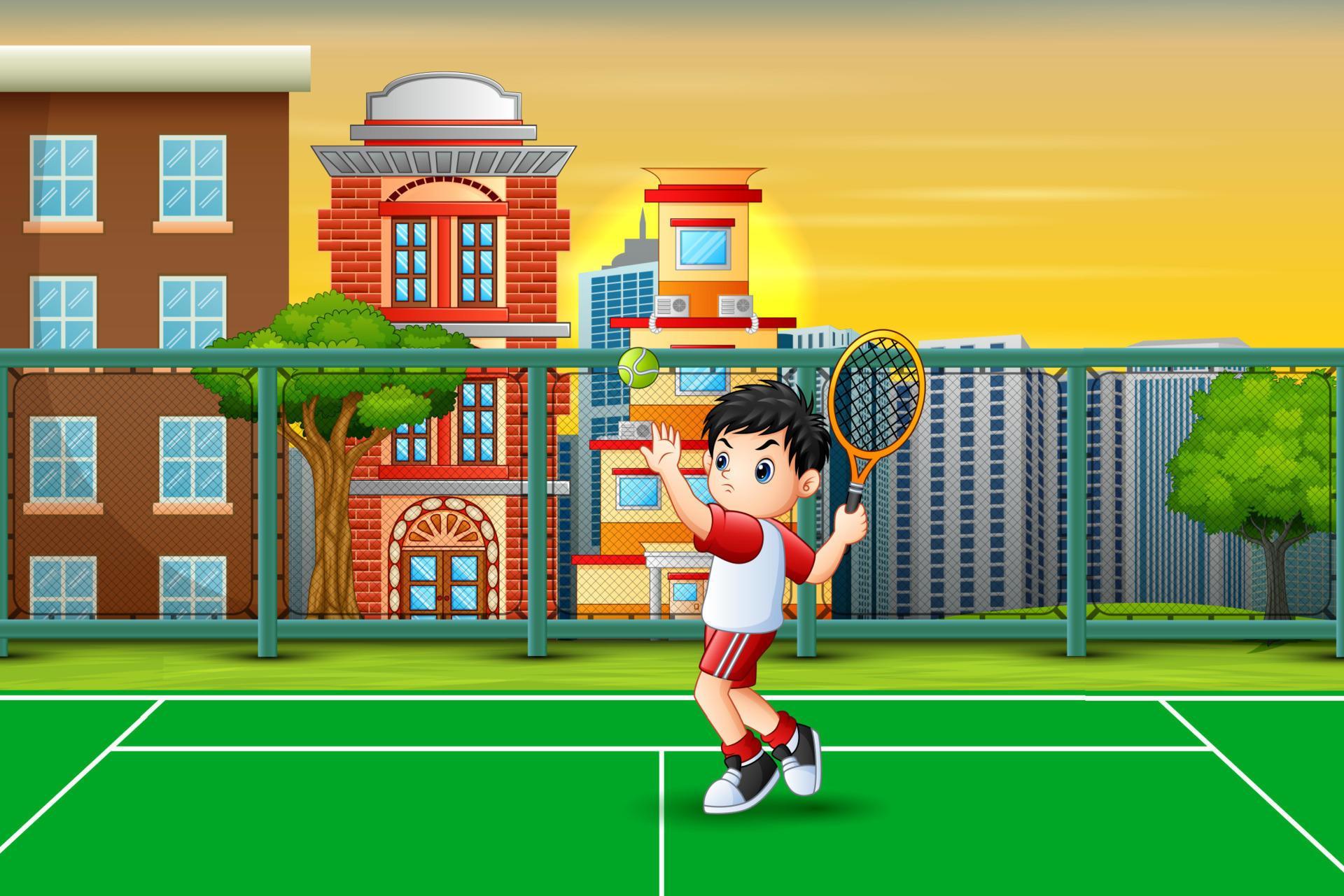 tekenfilm van een jongen die tennis speelt op het hof vector