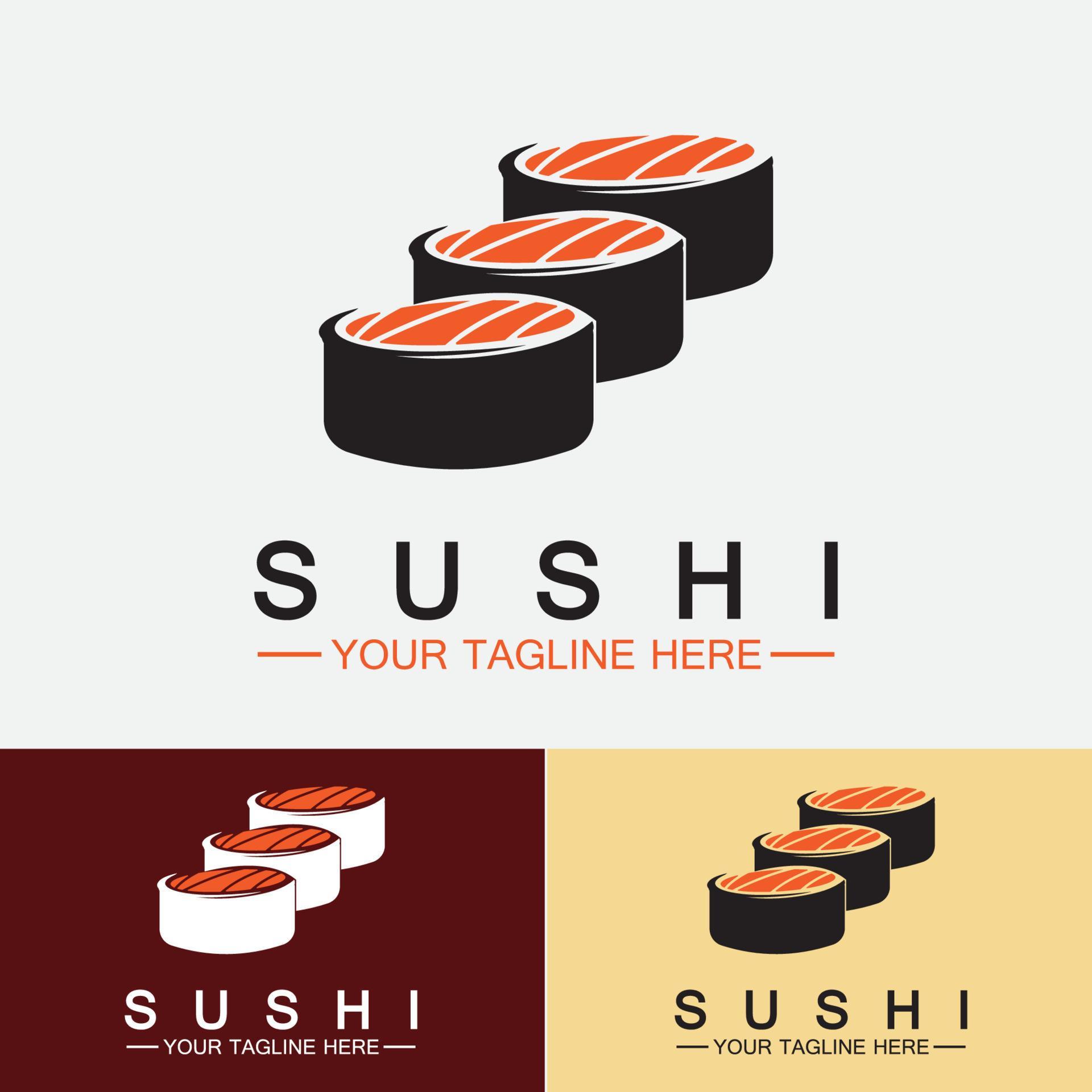 sushi logo template.vector pictogram stijl illustratie bar of winkel, sushi, zalm roll, sushi en broodjes met eetstokje bar of restaurant vector logo sjabloon