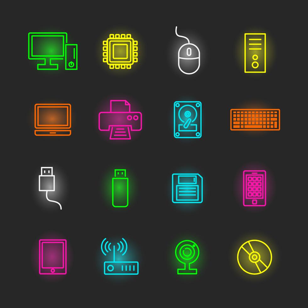 computer en apparaat neon icon set vector