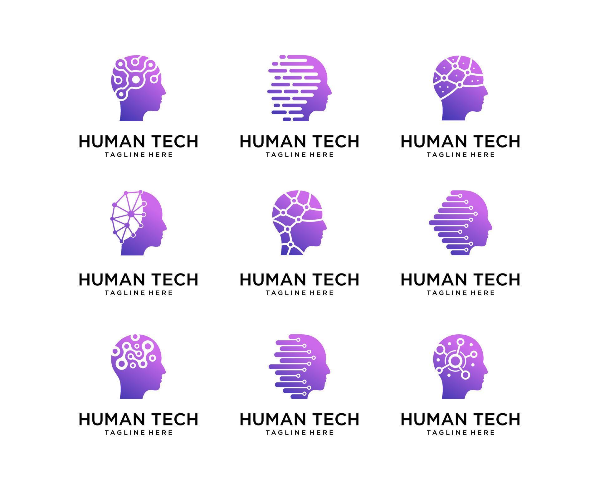 set van menselijke technologie logo ontwerpen vector. hoofd tech logo ...