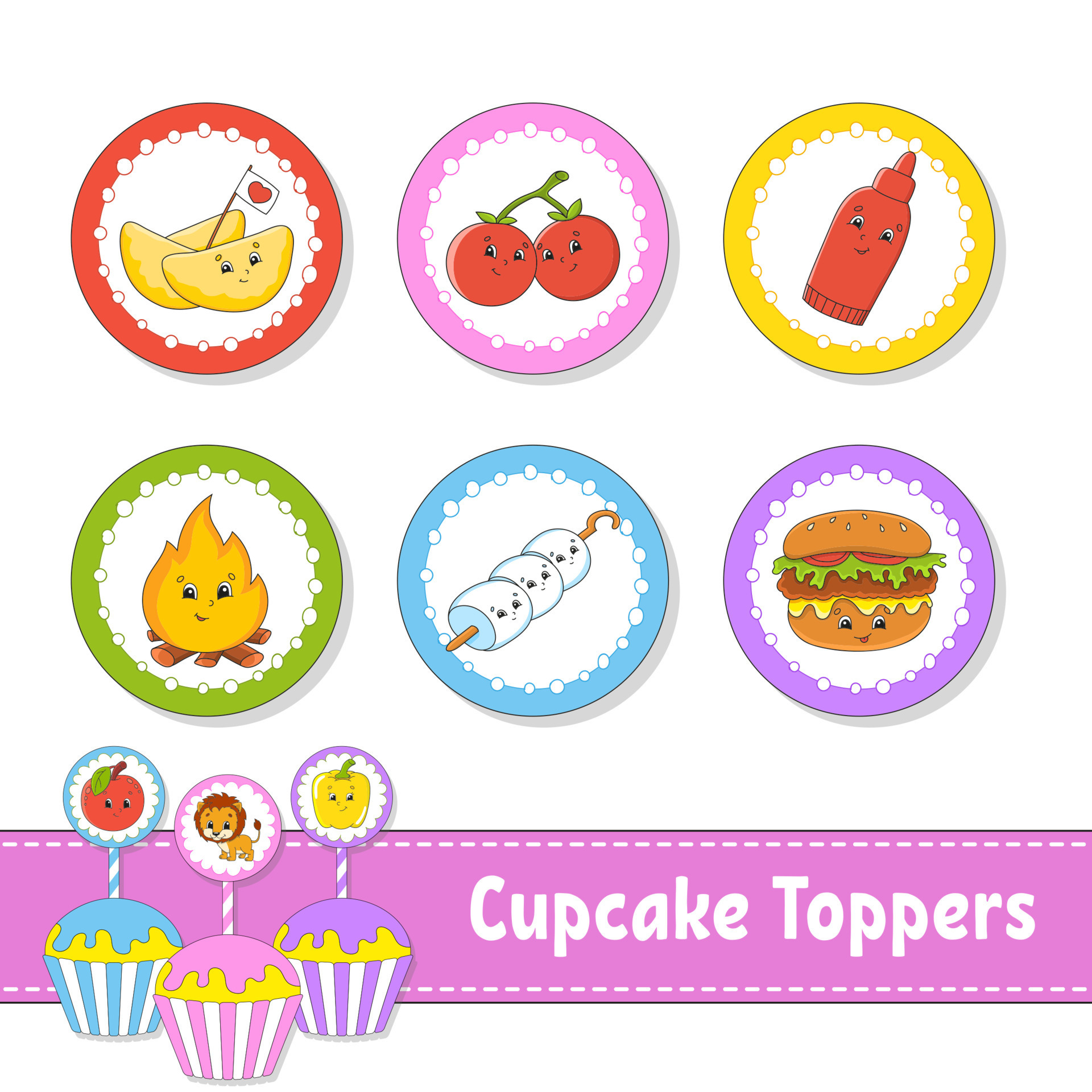 Cupcake Toppers Set Van Zes Ronde Foto S Thema Barbecue Stripfiguren Schattig Beeld Voor