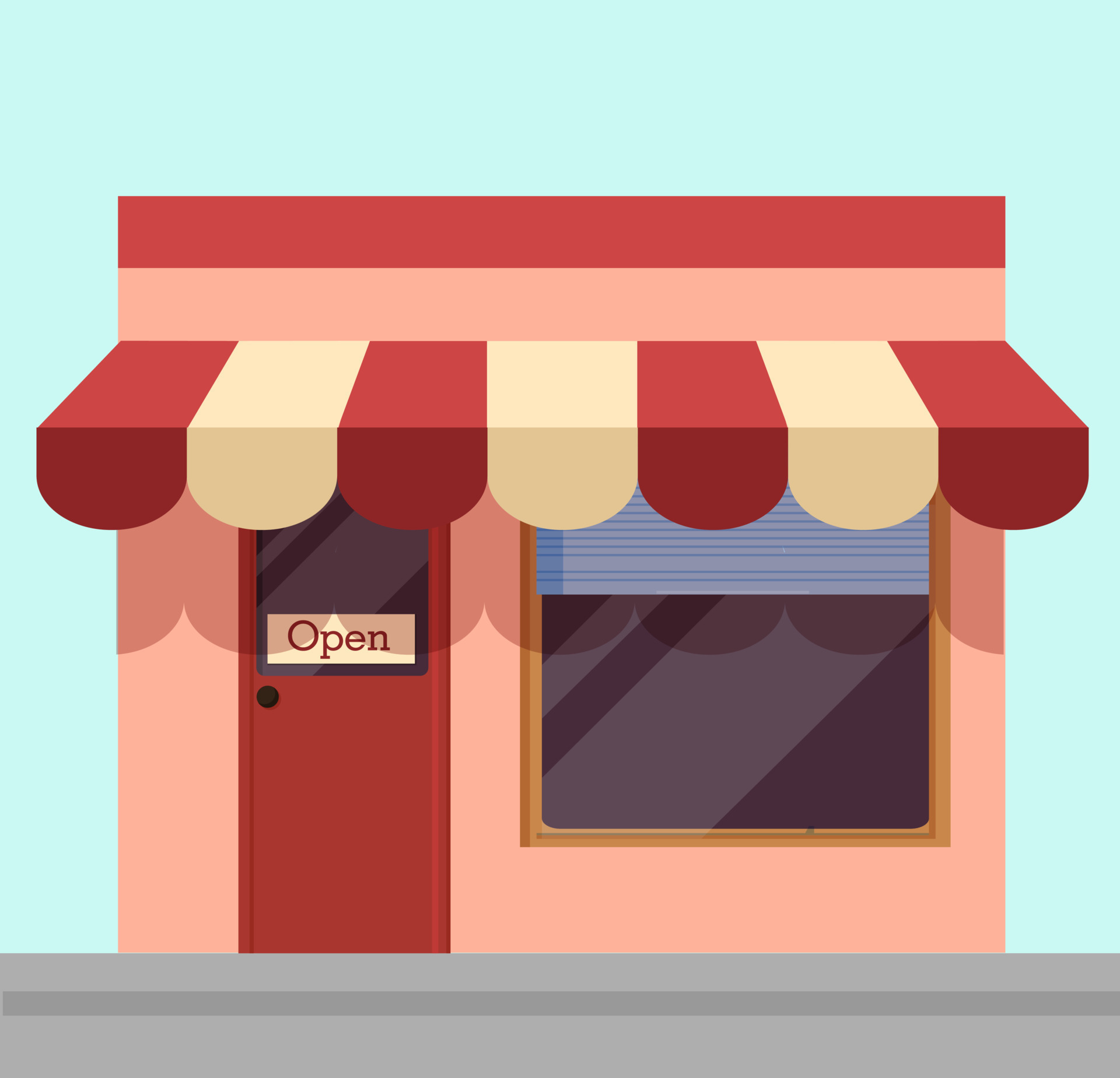 spannend Afstotend Levendig Open winkel illustratie. tekenfilm boodschappen doen kiosk met wit en rood  luifel Open naar bezoekers informatie hangende bericht Aan deuren van cafe  gemakkelijk effectief vector reclame. 11914987 - Download Free Vectors,  Vector