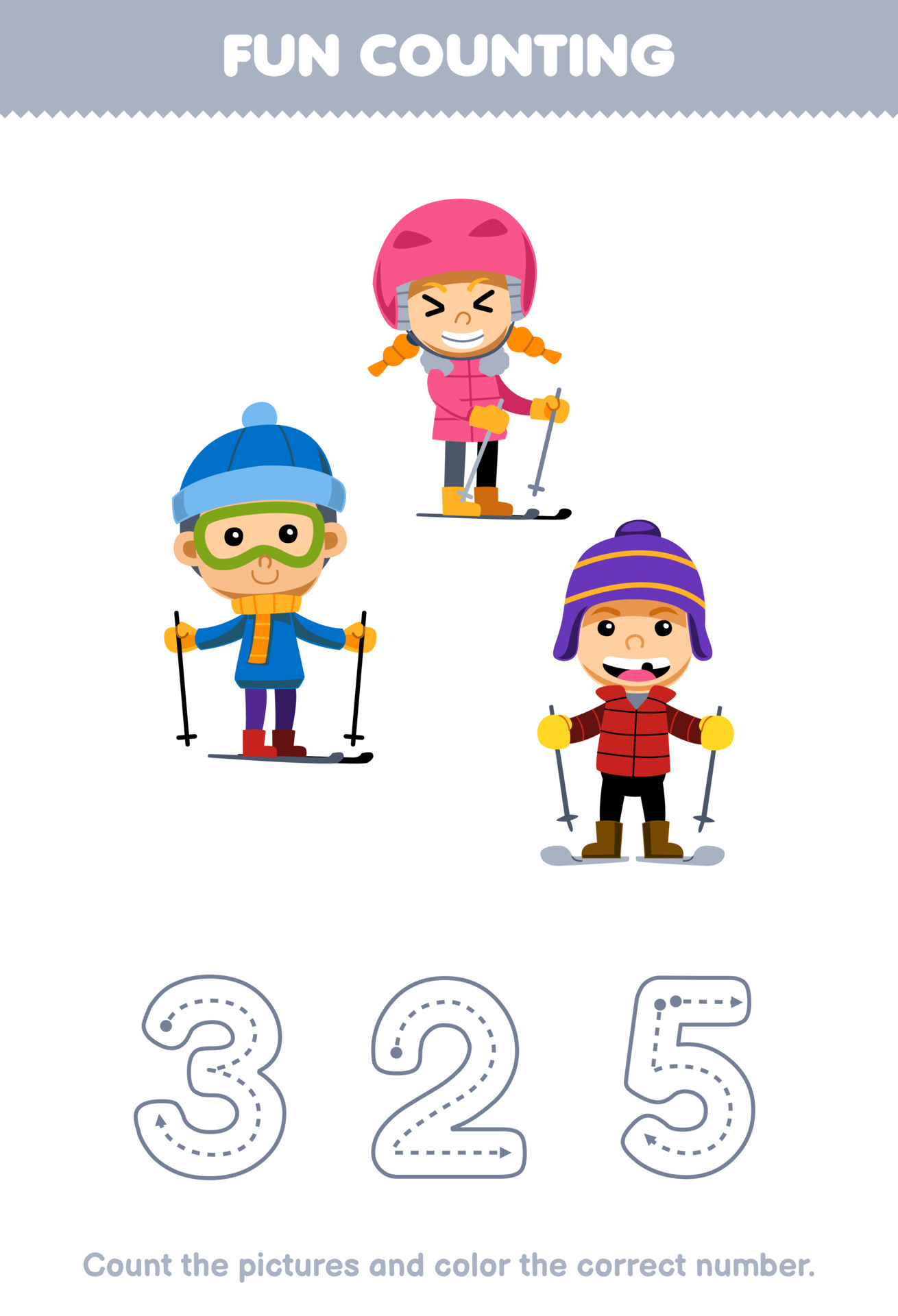 hardware Een hekel hebben aan Ru onderwijs spel voor kinderen tellen de afbeeldingen en kleur de correct  aantal van schattig tekenfilm jongen en meisje spelen ski afdrukbare winter  werkblad 14844510 Vectorkunst bij Vecteezy