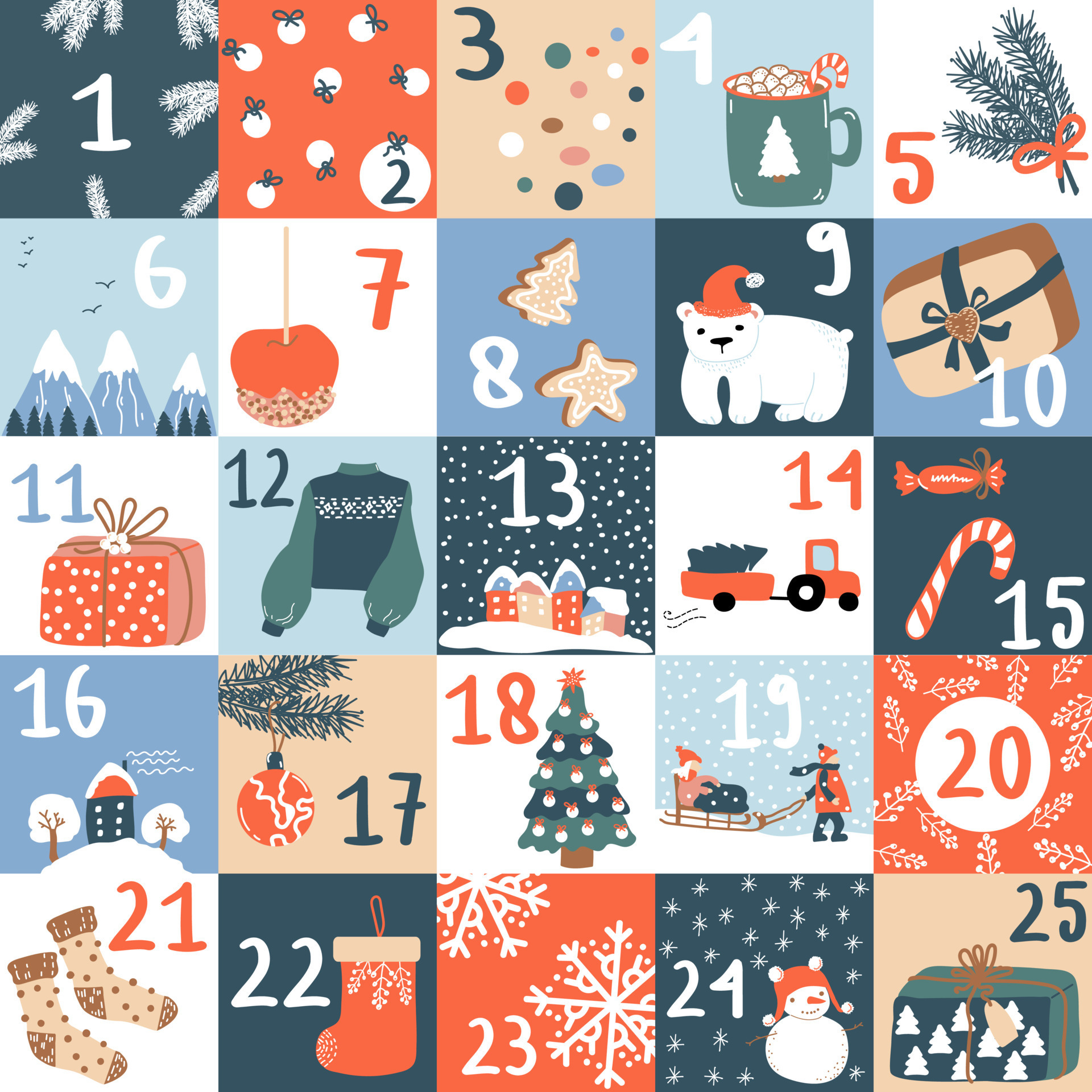 barst Detecteren Onvoorziene omstandigheden Kerstmis komst kalender met nummers. vector winter elementen van  presenteert, speelgoed, ontbijtkoek, snoep, spar, beer, knus huizen,  sneeuwvlokken. ideaal voor kaart, poster, kinderkamer kunst, kind kamer  decor. 15586886 Vectorkunst bij Vecteezy