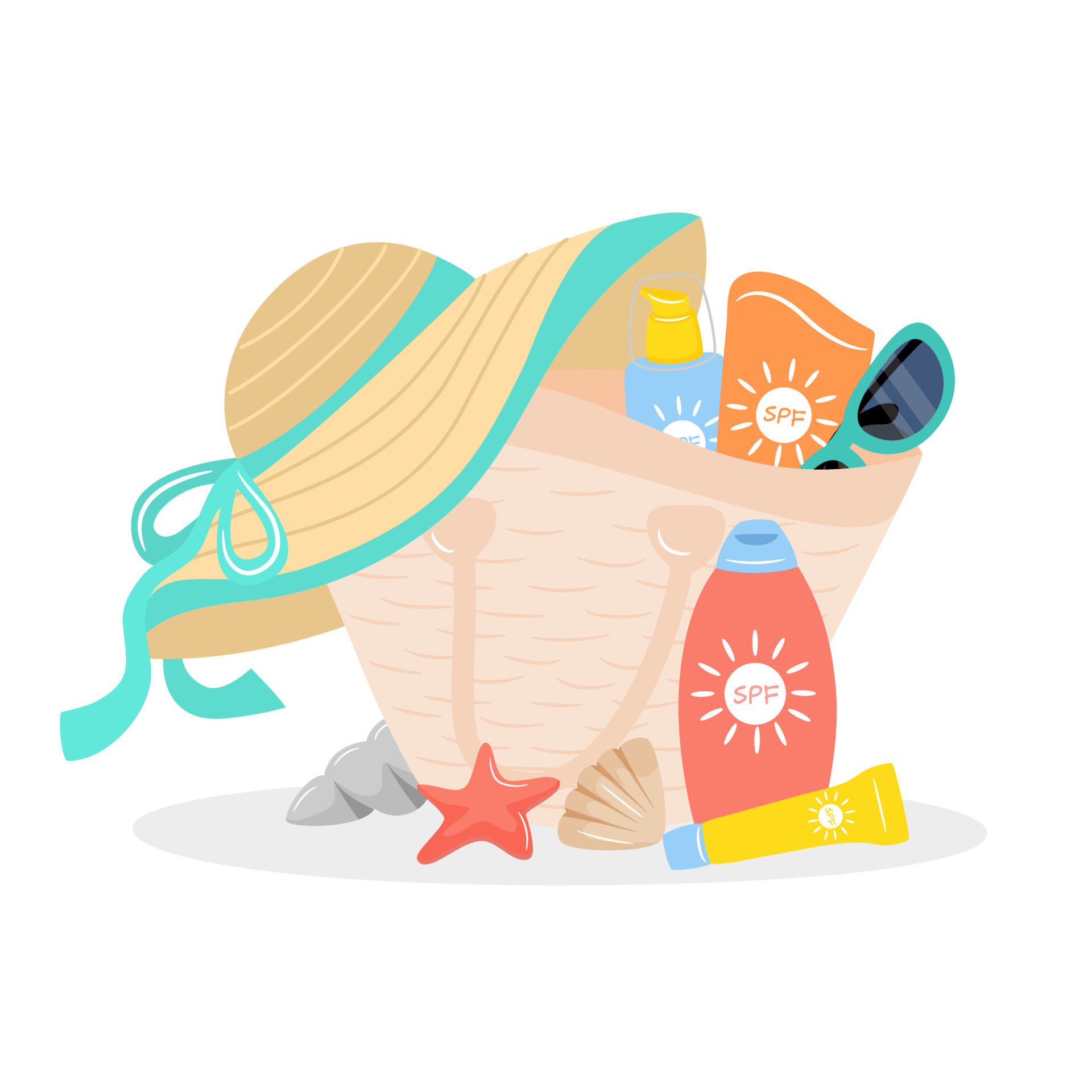 overzee rijm Sterkte vrouw zak met strand accessoires zon room, zonnebril, hoed. reeks van zomer  ontwerp elementen. zonnebrand concept. vector illustratie. 16876612  Vectorkunst bij Vecteezy