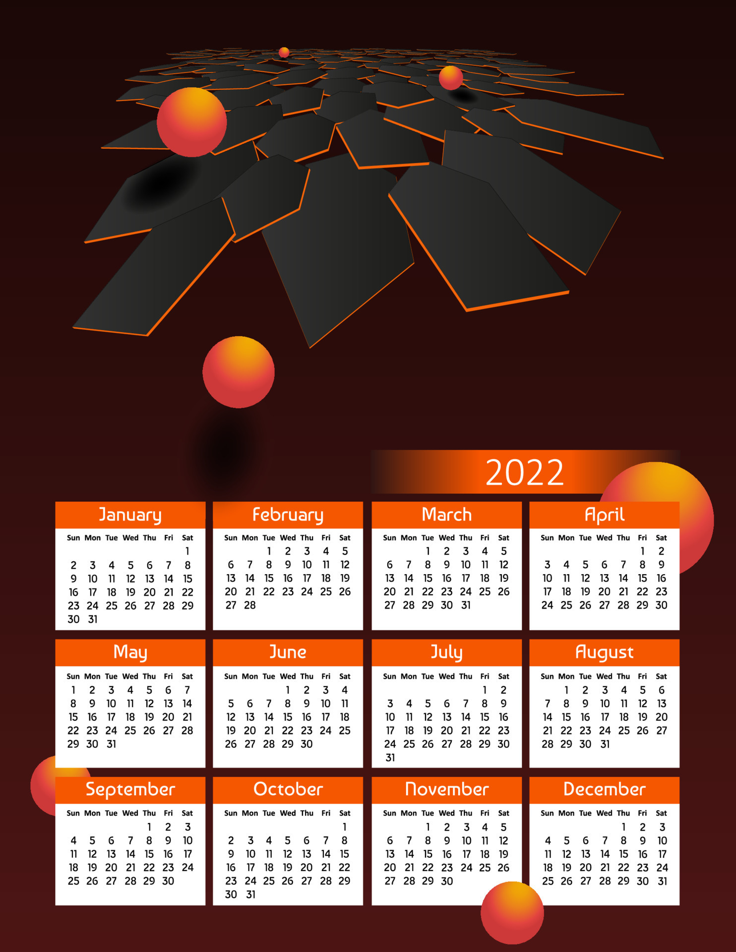 Komkommer wanhoop blootstelling verticaal futuristische jaarlijks kalender 2022, week begint Aan zondag.  jaar- groot muur kalender kleurrijk modern veelhoekige illustratie in  oranje. a4 ons brief papier maat. 17780380 Vectorkunst bij Vecteezy